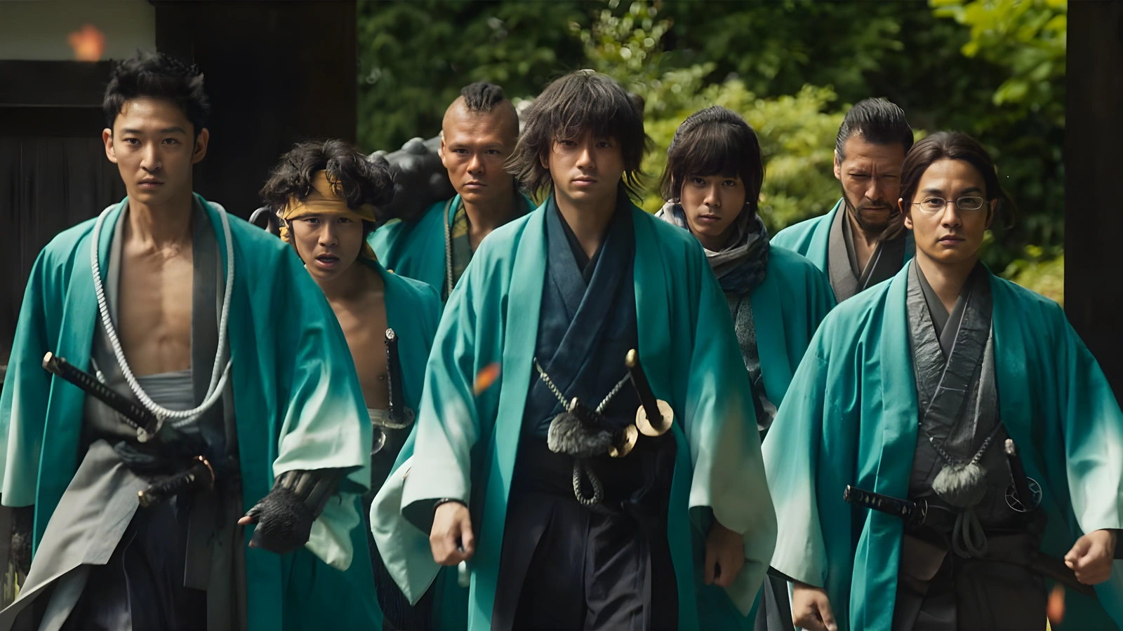 Song of the Samurai dizisinin Edo dönemi Kyoto'sunda Shinsengumi samuraylarını gösteren bir sahne